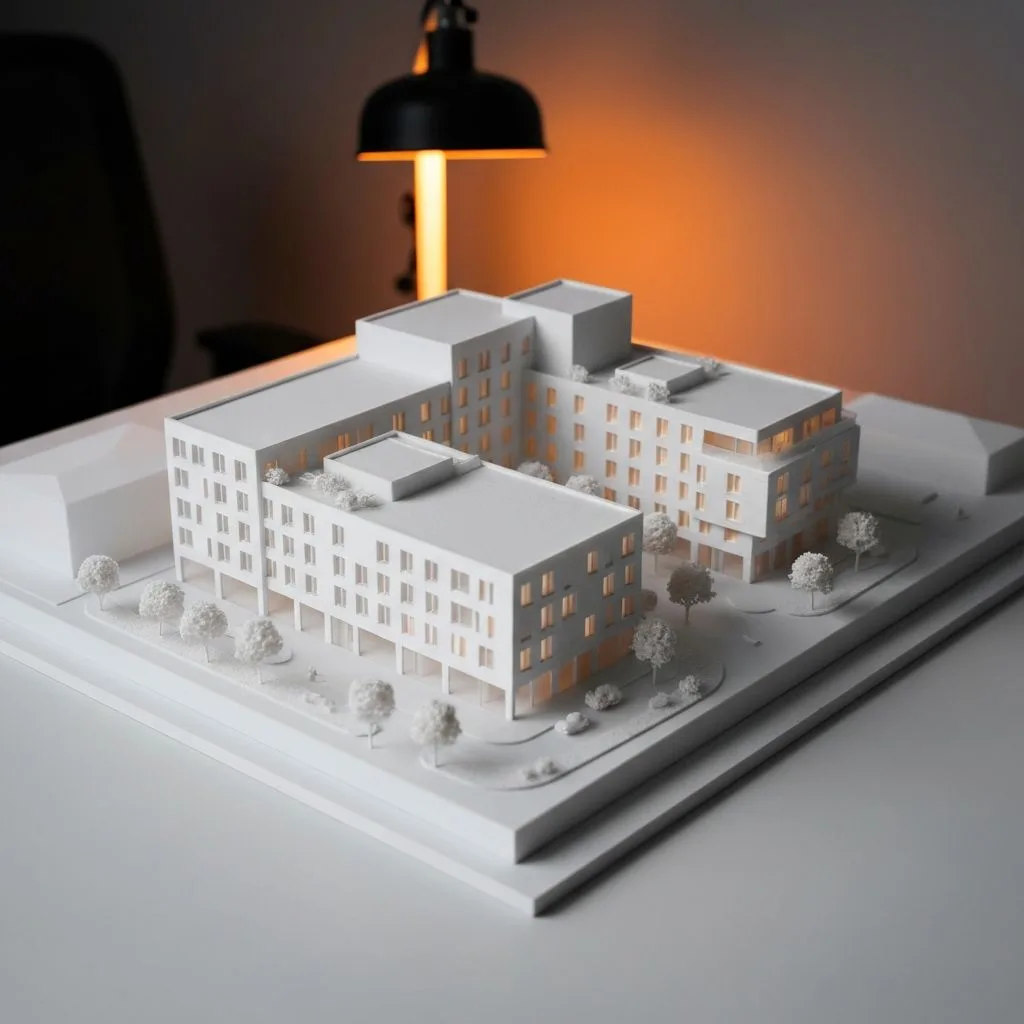 Architectural display model — 26-tower masterplan at 1:200 scale